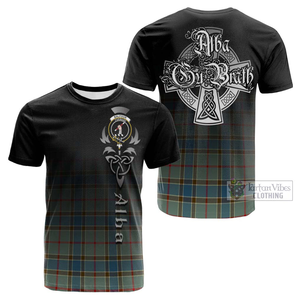 Tartan Vibes Clothing Balfour Blue Tartan Cotton T-shirt Featuring Alba Gu Brath Family Crest Celtic Inspired