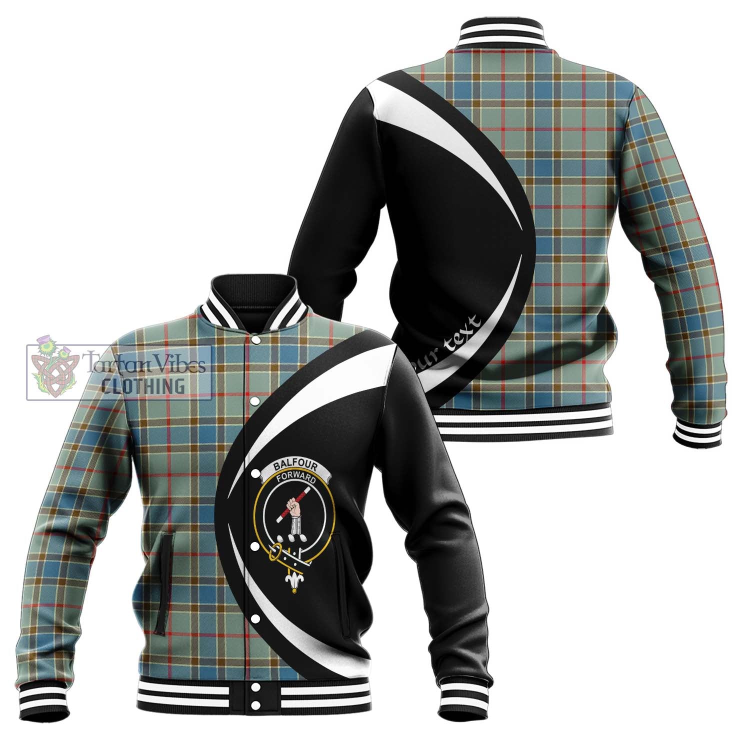 Balfour Blue Tartan Baseball Jacket with Family Crest Circle Style Unisex - Tartan Vibes Clothing