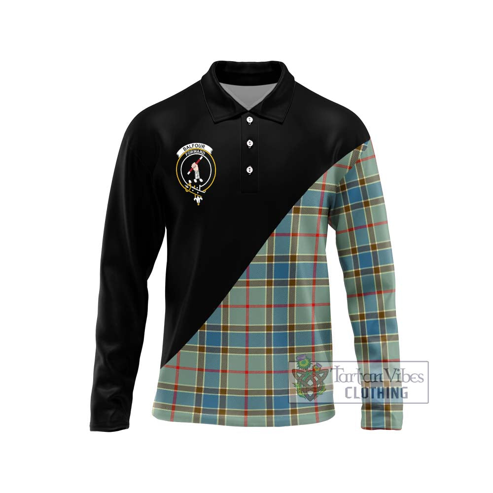 Balfour Blue Tartan Long Sleeve Polo Shirt with Family Crest and Military Logo Style Unisex - Tartanvibesclothing Shop