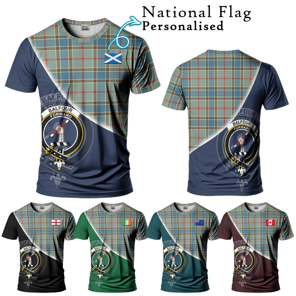 Balfour Blue Tartan T-Shirt with Personalised National Flag and Family Crest Half Style Kid's Shirt - Tartanvibesclothing Shop