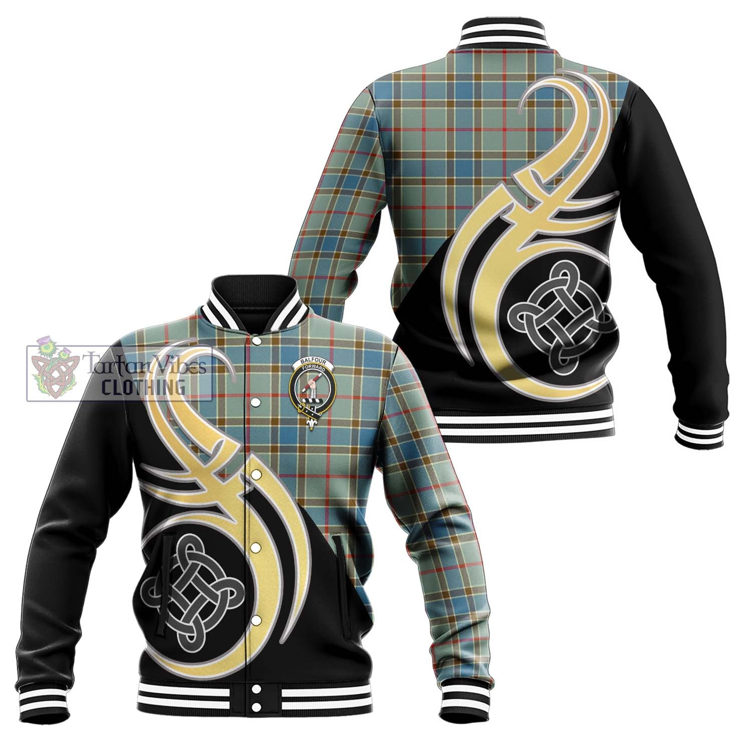 Balfour Blue Tartan Baseball Jacket with Family Crest and Celtic Symbol Style Unisex - Tartan Vibes Clothing