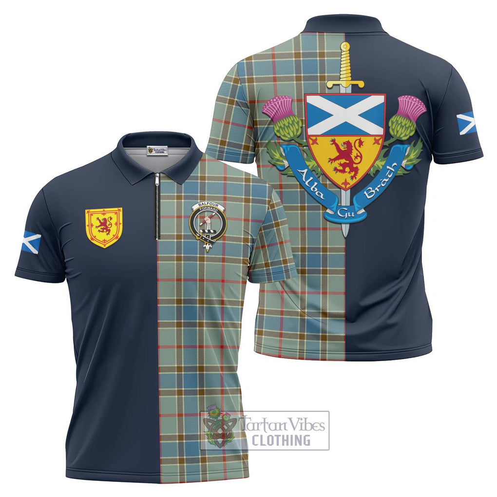 Tartan Vibes Clothing Balfour Blue Tartan Zipper Polo Shirt with Scottish Lion Royal Arm Half Style