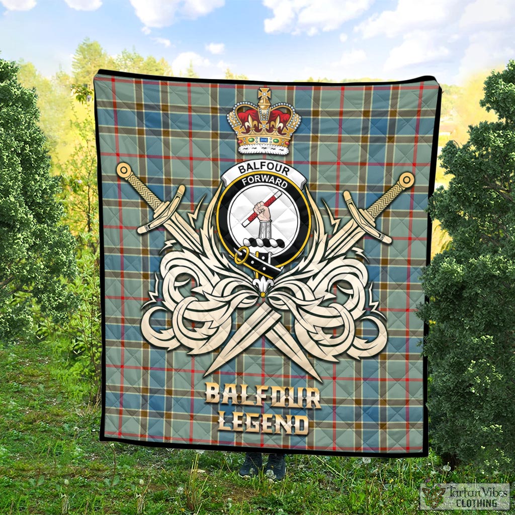 Tartan Vibes Clothing Balfour Blue Tartan Quilt with Clan Crest and the Golden Sword of Courageous Legacy