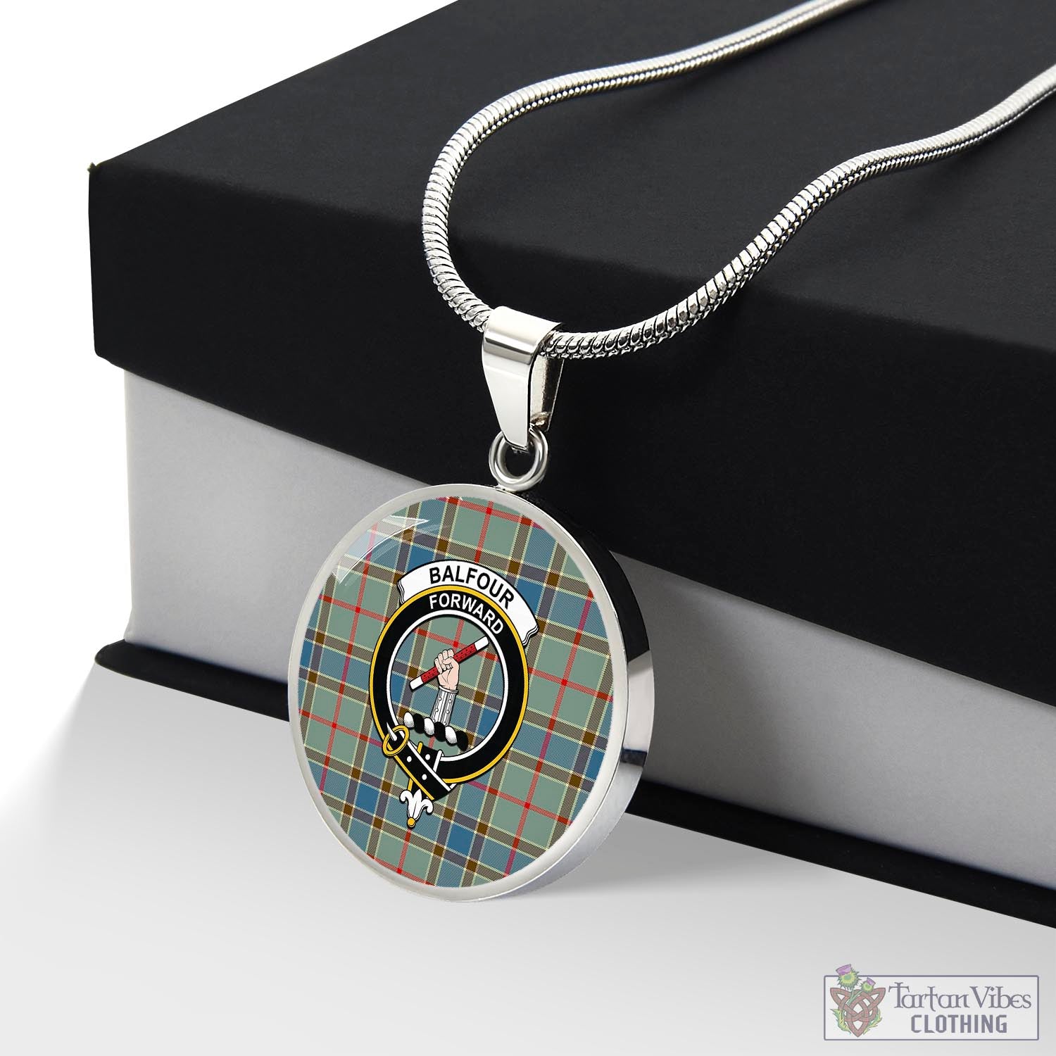 Tartan Vibes Clothing Balfour Blue Tartan Circle Necklace with Family Crest