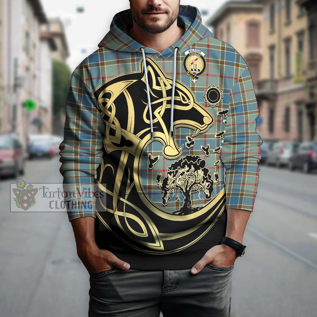 Tartan Vibes Clothing Balfour Blue Tartan Hoodie with Family Crest Celtic Wolf Style