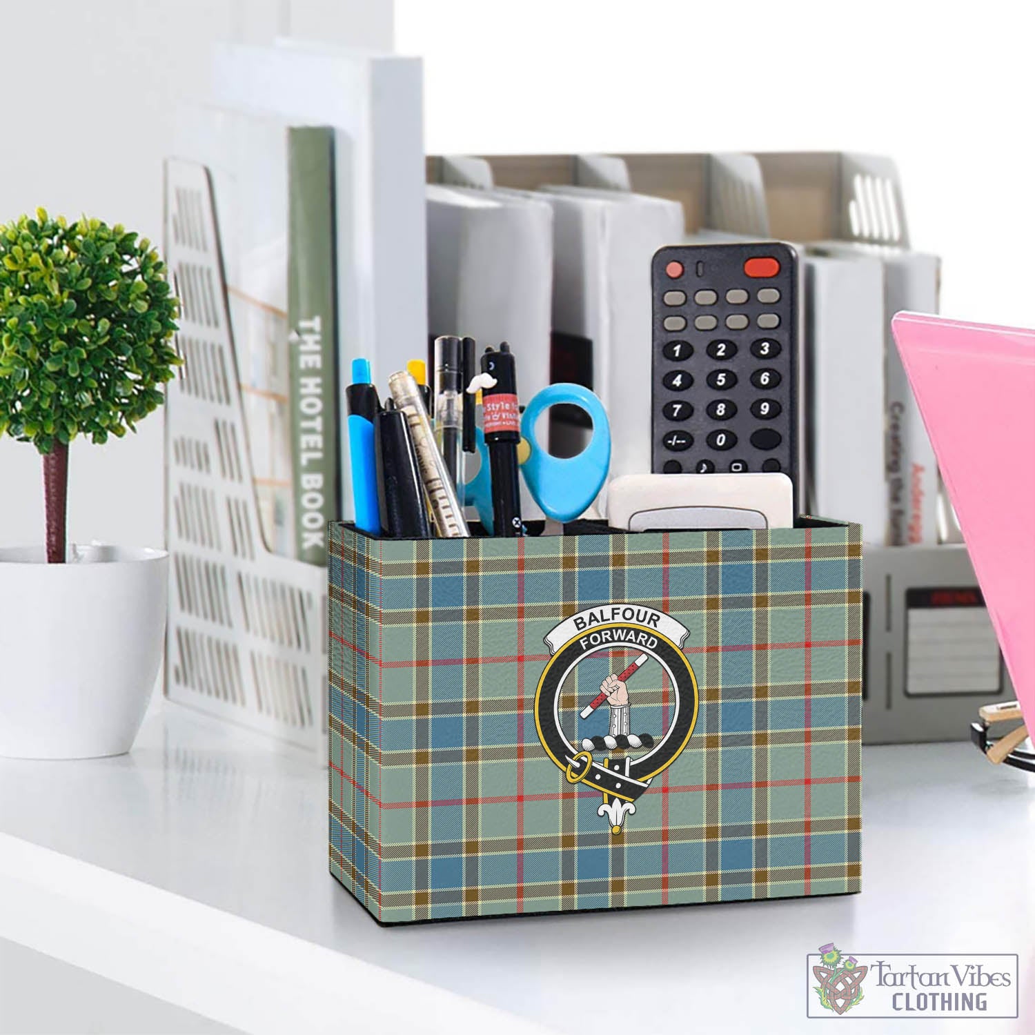 Tartan Vibes Clothing Balfour Blue Tartan Pen Holder with Family Crest