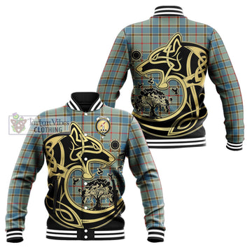 Balfour Blue Tartan Baseball Jacket with Family Crest Celtic Wolf Style