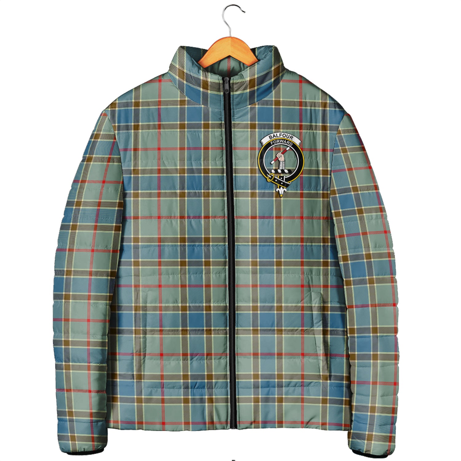 Balfour Blue Tartan Padded Jacket with Family Crest Men's Padded Jacket - Tartan Vibes Clothing