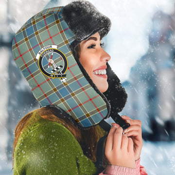 Balfour Blue Tartan Winter Trapper Hat with Family Crest