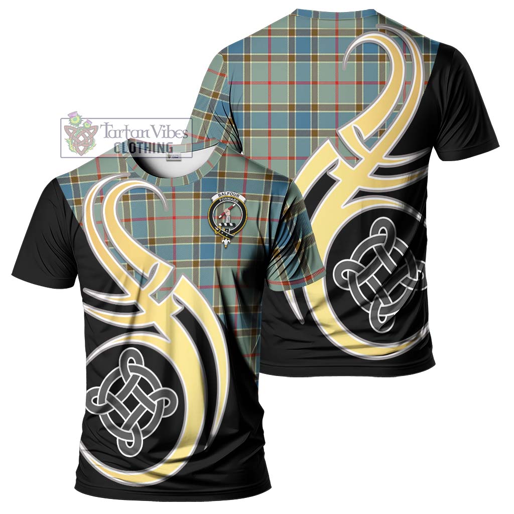 Tartan Vibes Clothing Balfour Blue Tartan T-Shirt with Family Crest and Celtic Symbol Style