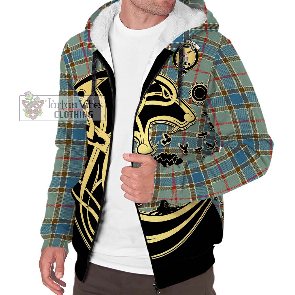 Tartan Vibes Clothing Balfour Blue Tartan Sherpa Hoodie with Family Crest Celtic Wolf Style