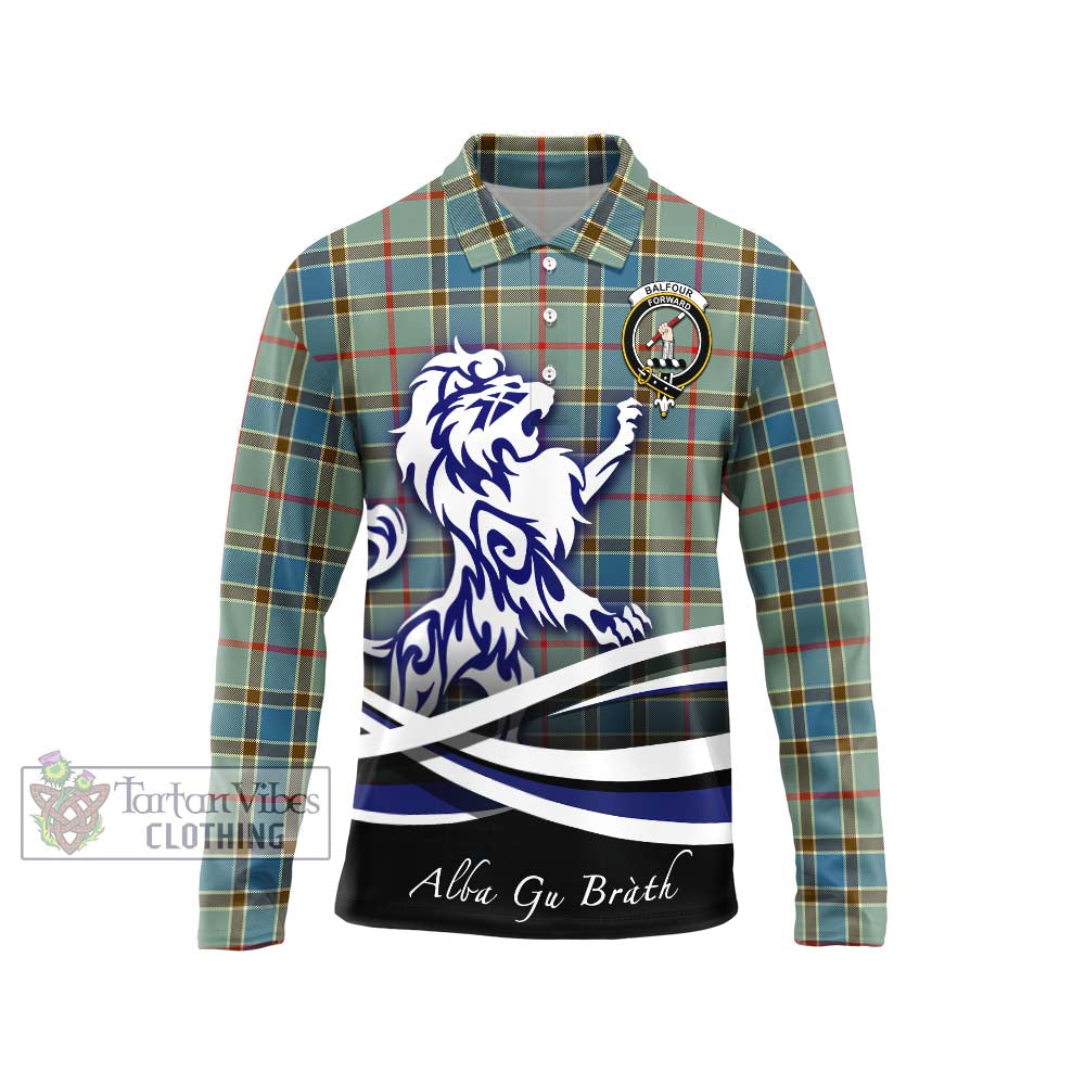 Tartan Vibes Clothing Balfour Blue Tartan Long Sleeve Polo Shirt with Alba Gu Brath Regal Lion Emblem