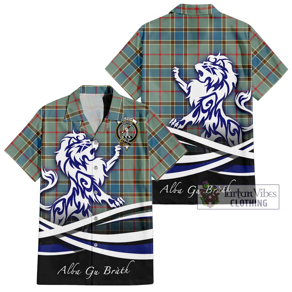 Tartan Vibes Clothing Balfour Blue Tartan Short Sleeve Button Shirt with Alba Gu Brath Regal Lion Emblem