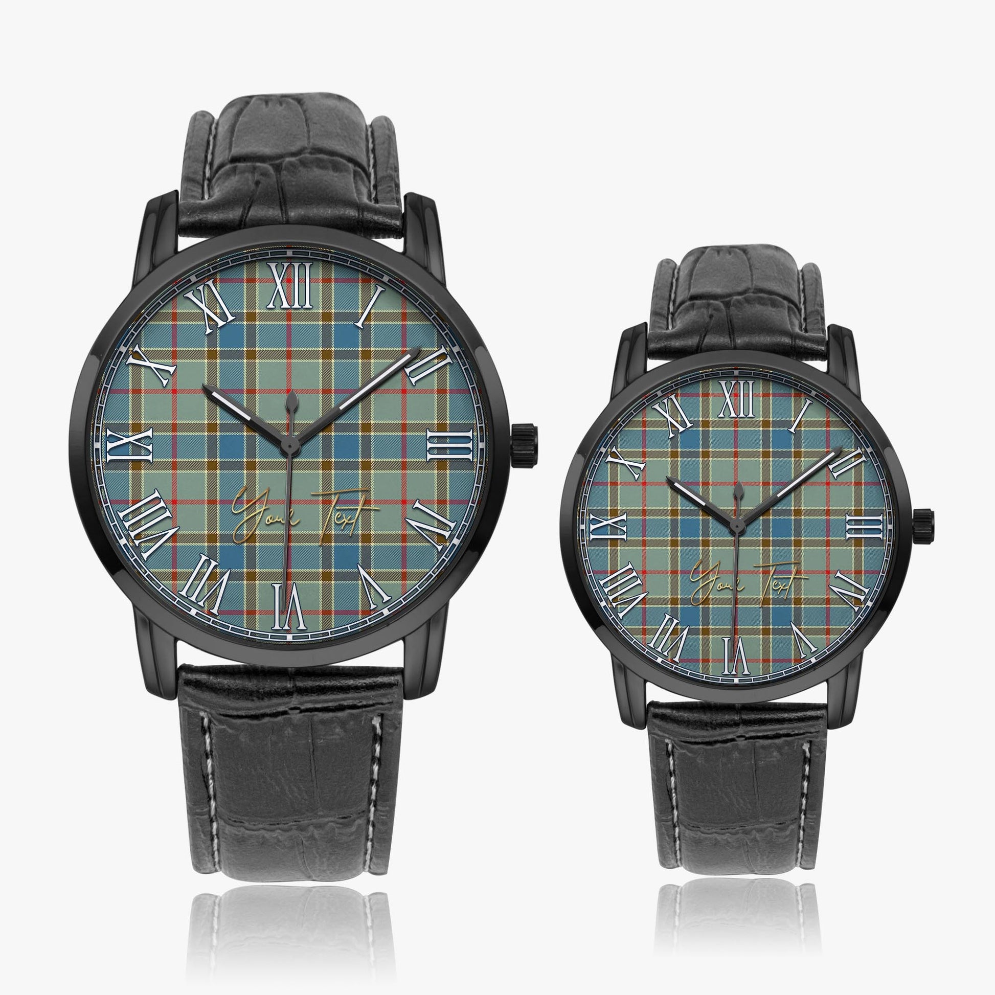 Balfour Blue Tartan Personalized Your Text Leather Trap Quartz Watch Wide Type Black Case With Black Leather Strap - Tartanvibesclothing