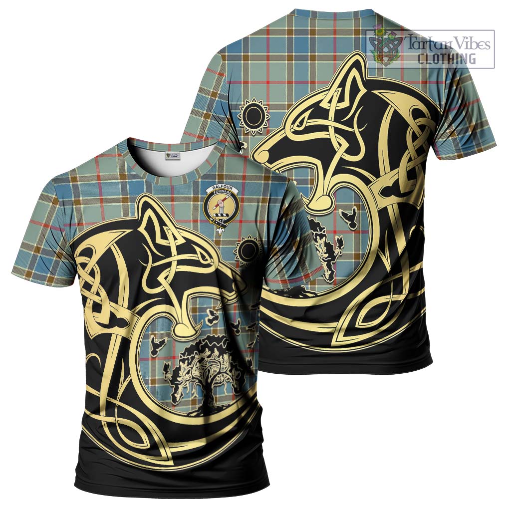 Tartan Vibes Clothing Balfour Blue Tartan T-Shirt with Family Crest Celtic Wolf Style