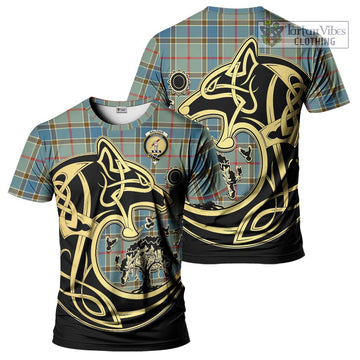 Balfour Blue Tartan T-Shirt with Family Crest Celtic Wolf Style