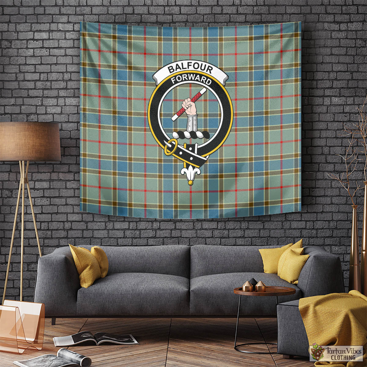 Tartan Vibes Clothing Balfour Blue Tartan Tapestry Wall Hanging and Home Decor for Room with Family Crest