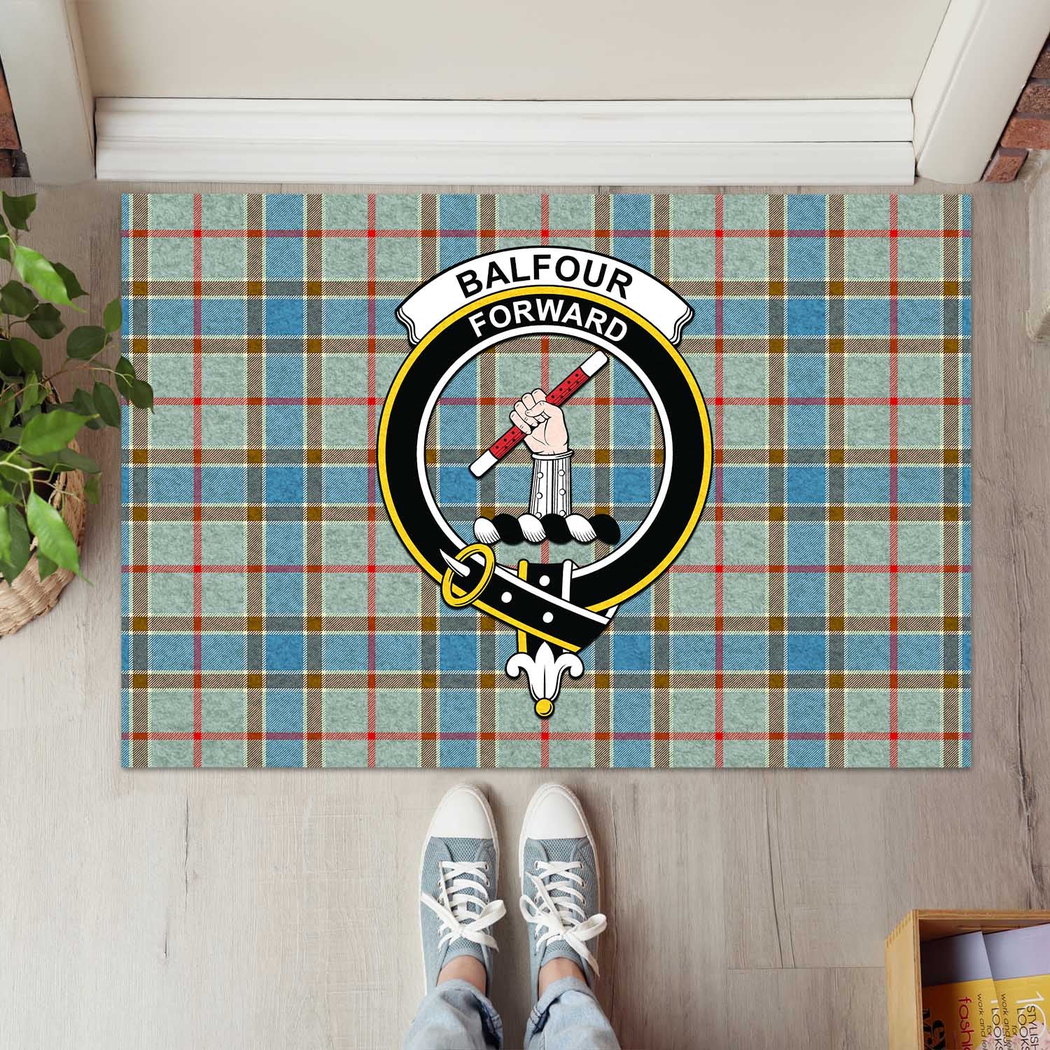 Balfour Blue Tartan Door Mat with Family Crest - Tartanvibesclothing