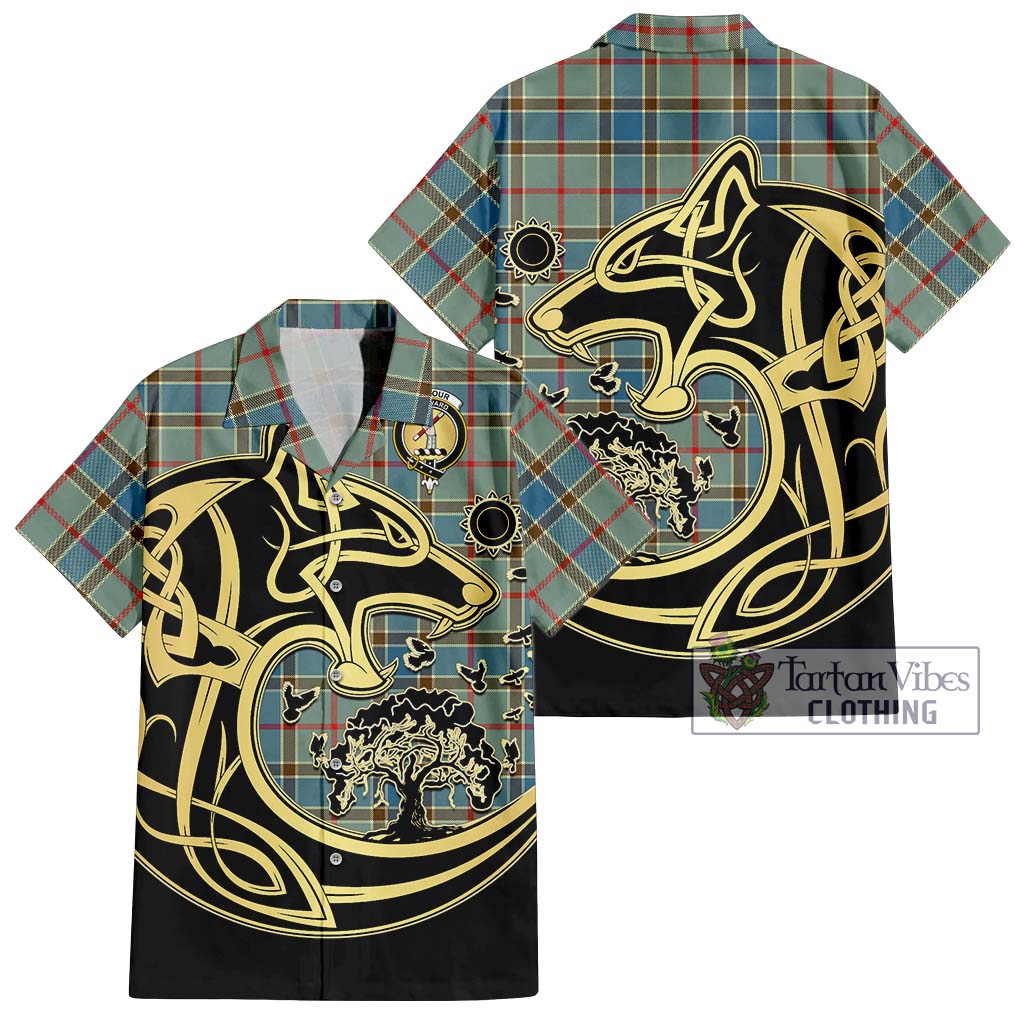 Tartan Vibes Clothing Balfour Blue Tartan Short Sleeve Button Shirt with Family Crest Celtic Wolf Style