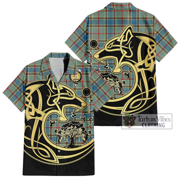 Balfour Blue Tartan Short Sleeve Button Shirt with Family Crest Celtic Wolf Style