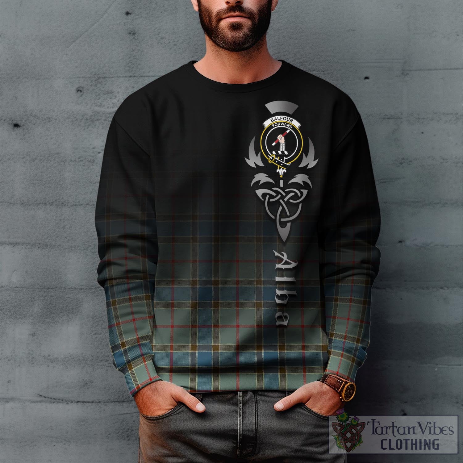 Tartan Vibes Clothing Balfour Blue Tartan Sweatshirt Featuring Alba Gu Brath Family Crest Celtic Inspired