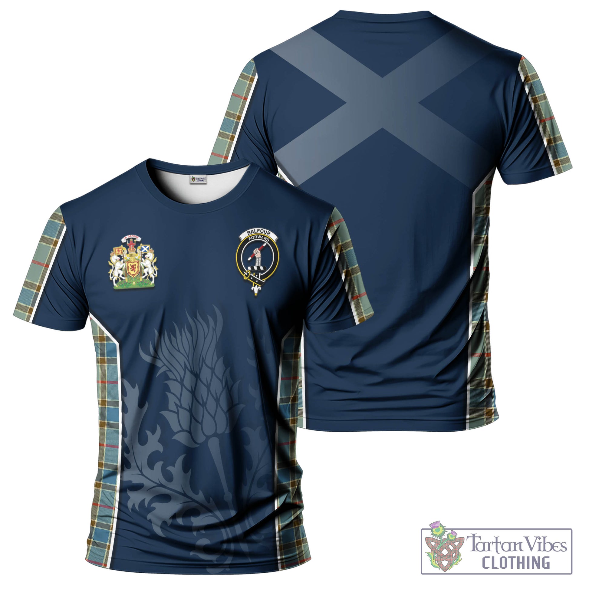 Tartan Vibes Clothing Balfour Blue Tartan T-Shirt with Family Crest and Scottish Thistle Vibes Sport Style