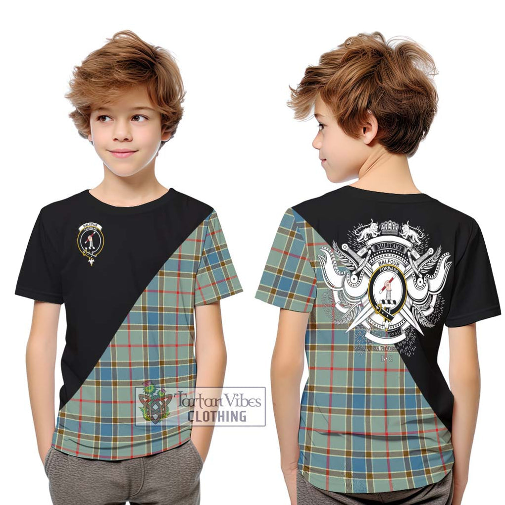 Balfour Blue Tartan Kid T-Shirt with Family Crest and Military Logo Style Youth XL Size14 - Tartanvibesclothing Shop