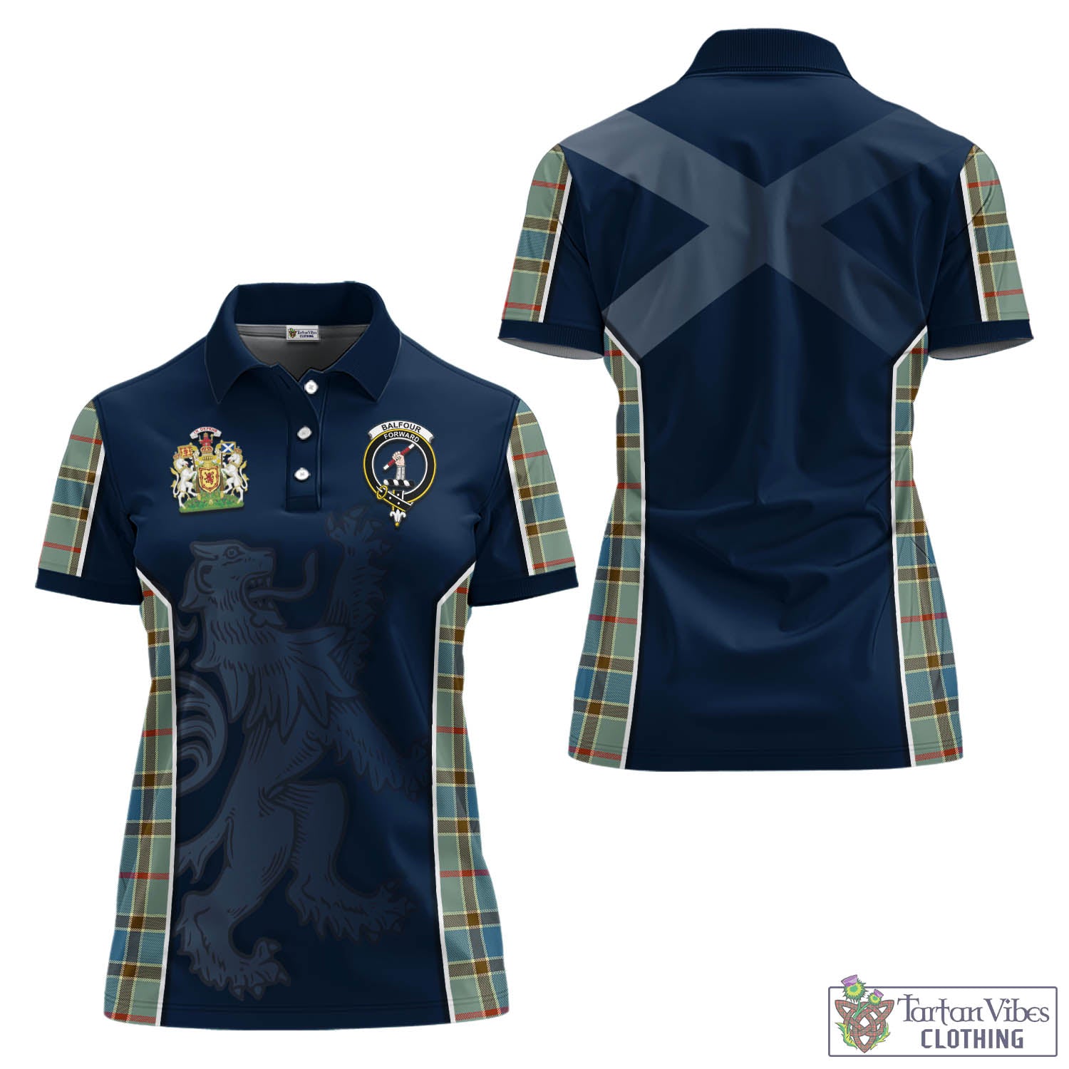 Tartan Vibes Clothing Balfour Blue Tartan Women's Polo Shirt with Family Crest and Lion Rampant Vibes Sport Style