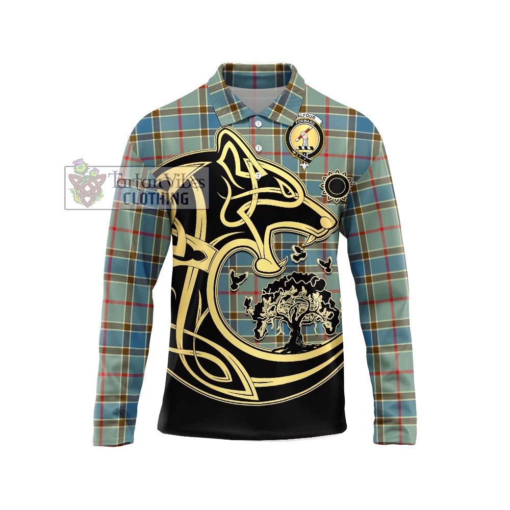 Tartan Vibes Clothing Balfour Blue Tartan Long Sleeve Polo Shirt with Family Crest Celtic Wolf Style