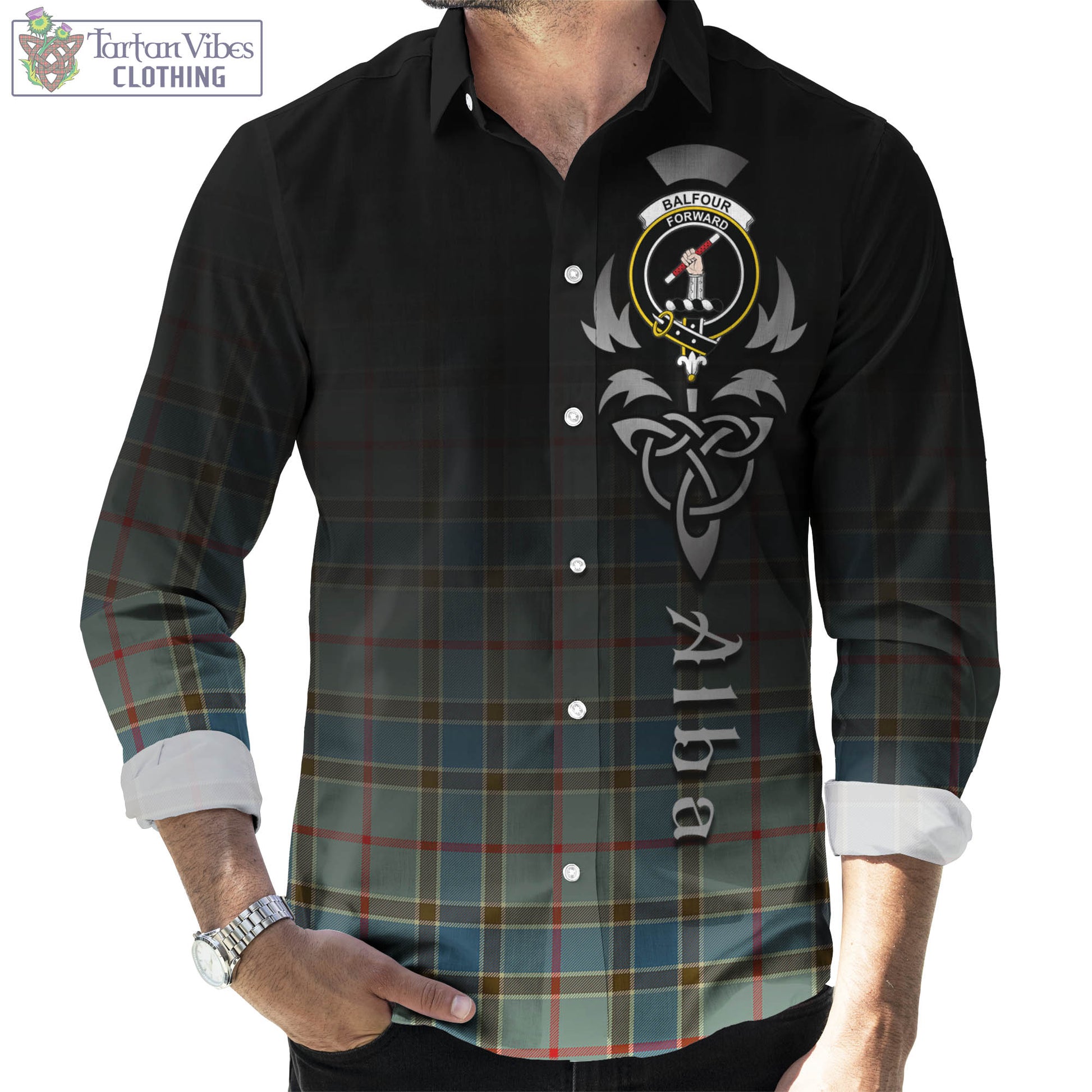 Tartan Vibes Clothing Balfour Blue Tartan Long Sleeve Button Up Featuring Alba Gu Brath Family Crest Celtic Inspired