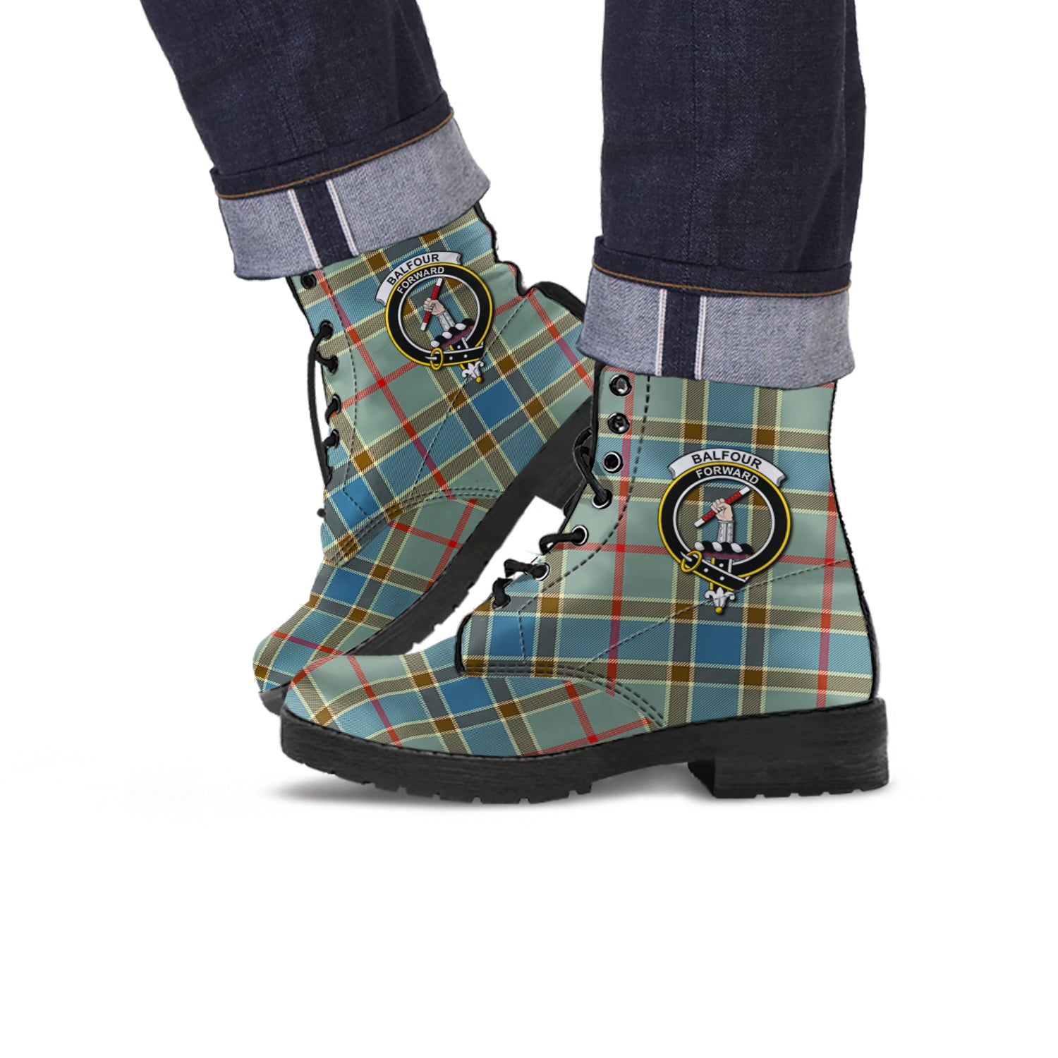 Balfour Blue Tartan Leather Boots with Family Crest - Tartanvibesclothing