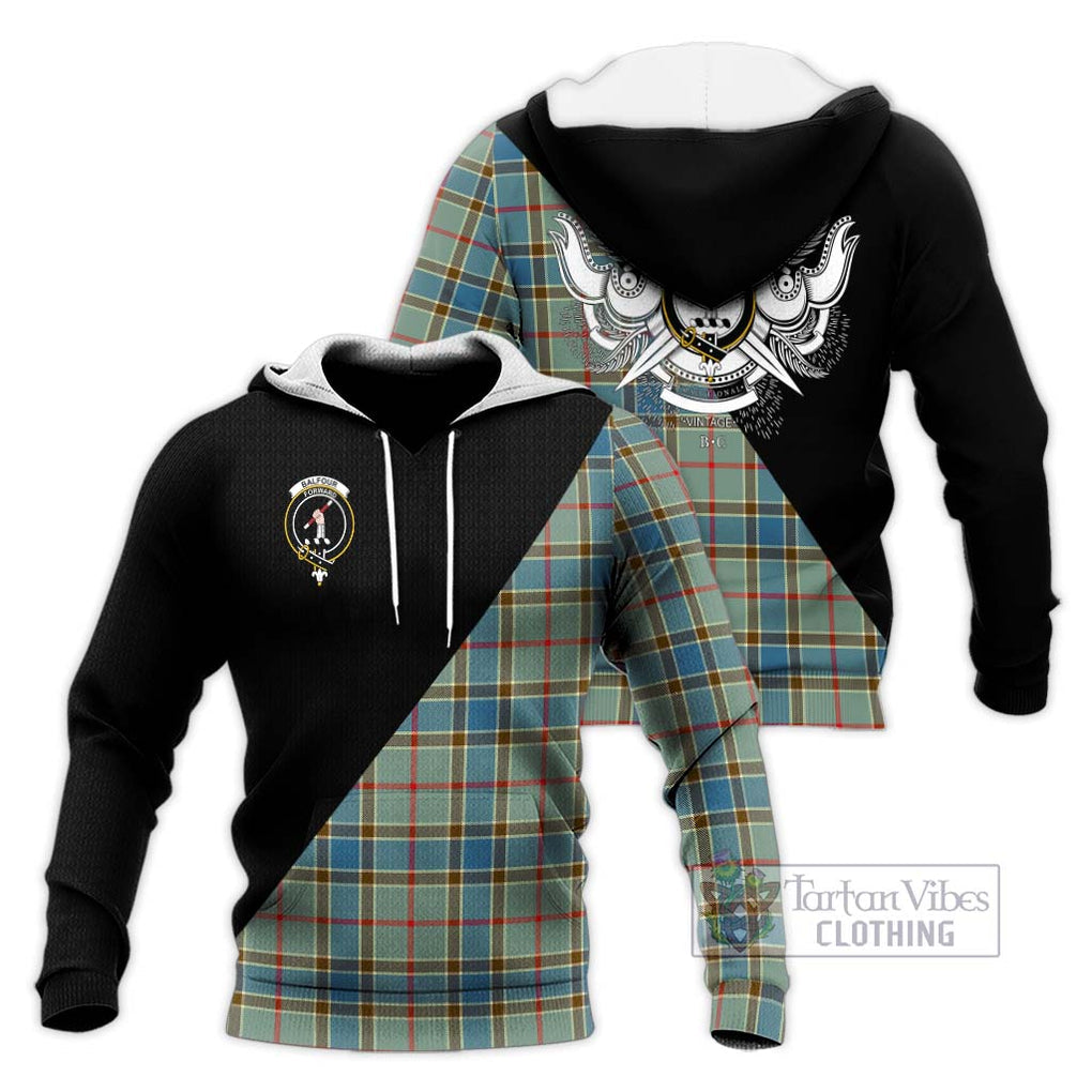 Balfour Blue Tartan Knitted Hoodie with Family Crest and Military Logo Style Unisex Knitted Pullover Hoodie - Tartanvibesclothing Shop