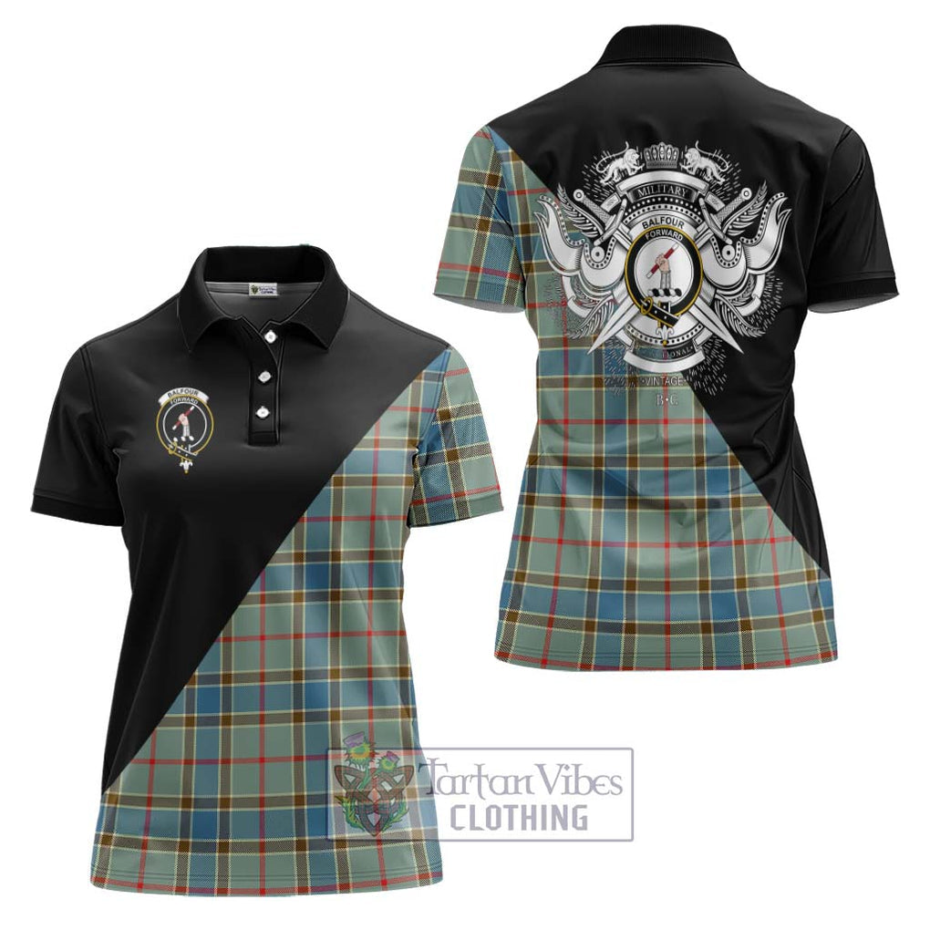 Balfour Blue Tartan Women's Polo Shirt with Family Crest and Military Logo Style Women - Tartanvibesclothing Shop