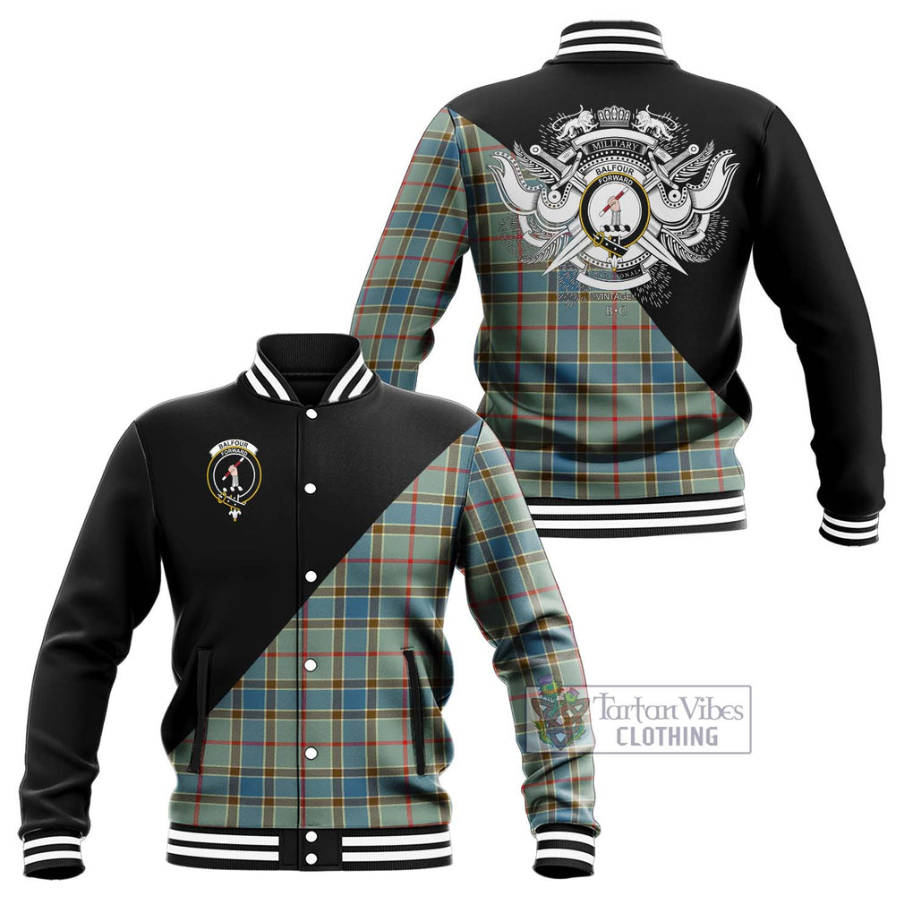 Balfour Blue Tartan Baseball Jacket with Family Crest and Military Logo Style Unisex - Tartanvibesclothing Shop