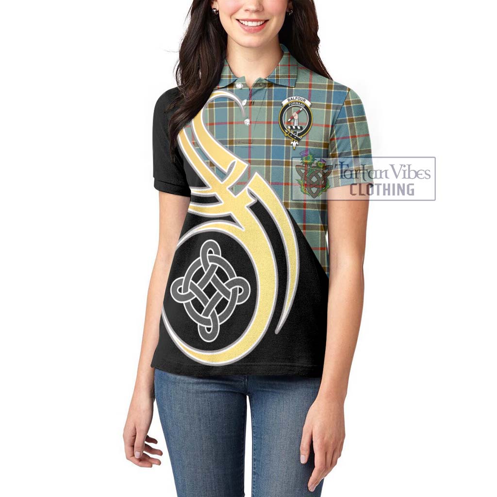 Balfour Blue Tartan Women's Polo Shirt with Family Crest and Celtic Symbol Style Women - Tartan Vibes Clothing