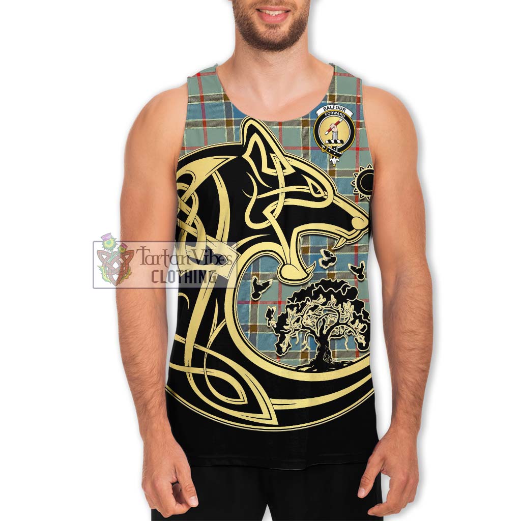 Tartan Vibes Clothing Balfour Blue Tartan Men's Tank Top with Family Crest Celtic Wolf Style