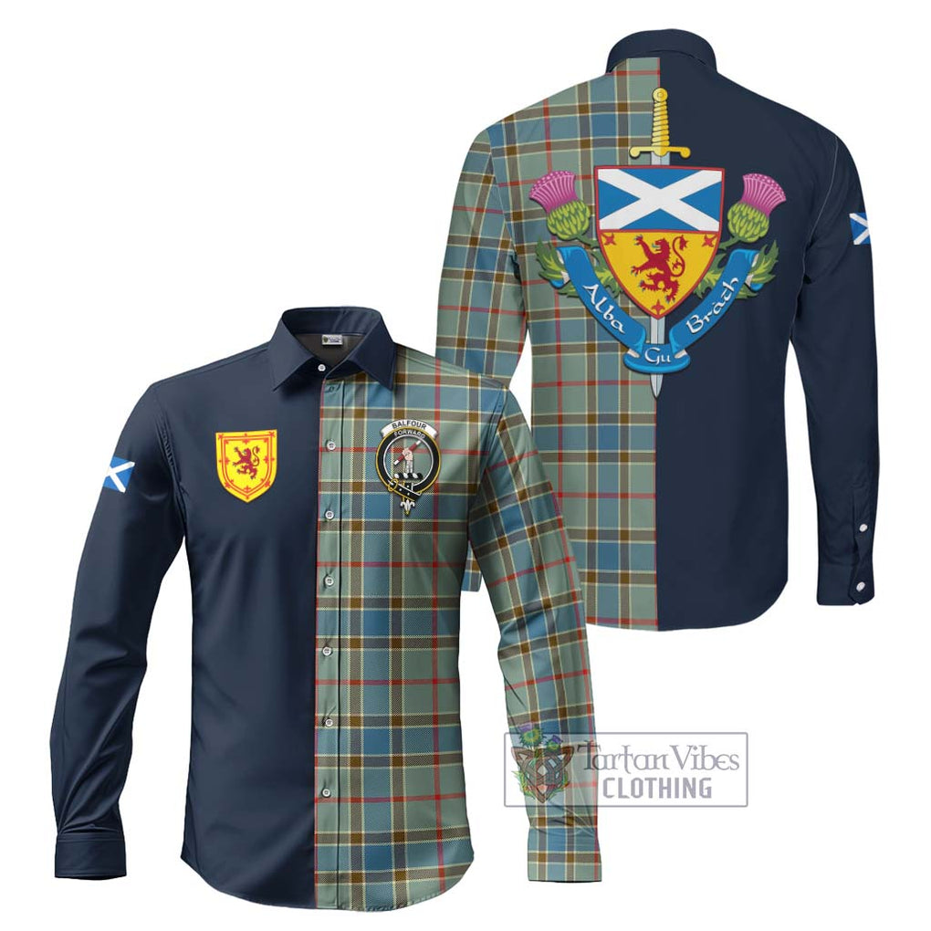 Tartan Vibes Clothing Balfour Blue Tartan Long Sleeve Button Shirt with Scottish Lion Royal Arm Half Style