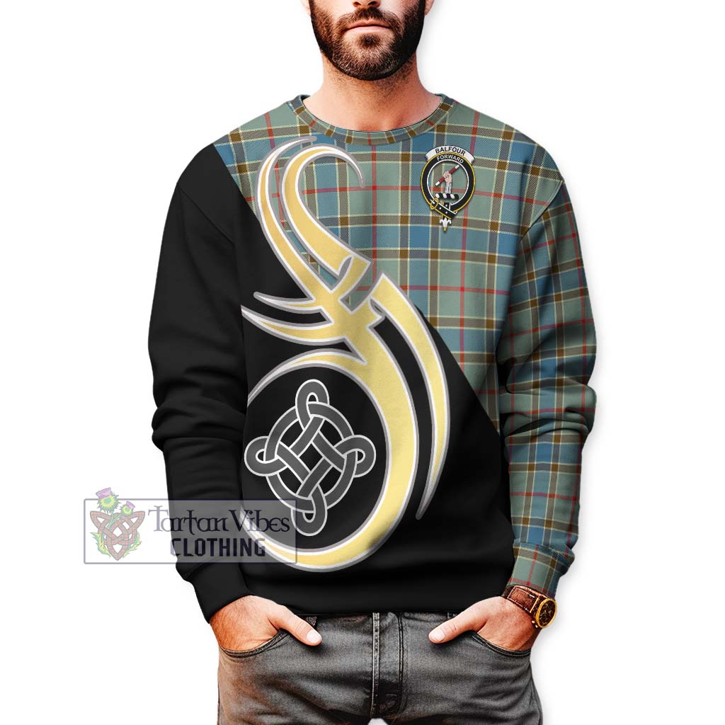 Tartan Vibes Clothing Balfour Blue Tartan Sweatshirt with Family Crest and Celtic Symbol Style