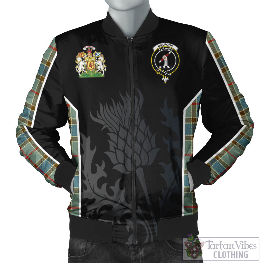 Tartan Vibes Clothing Balfour Blue Tartan Bomber Jacket with Family Crest and Scottish Thistle Vibes Sport Style