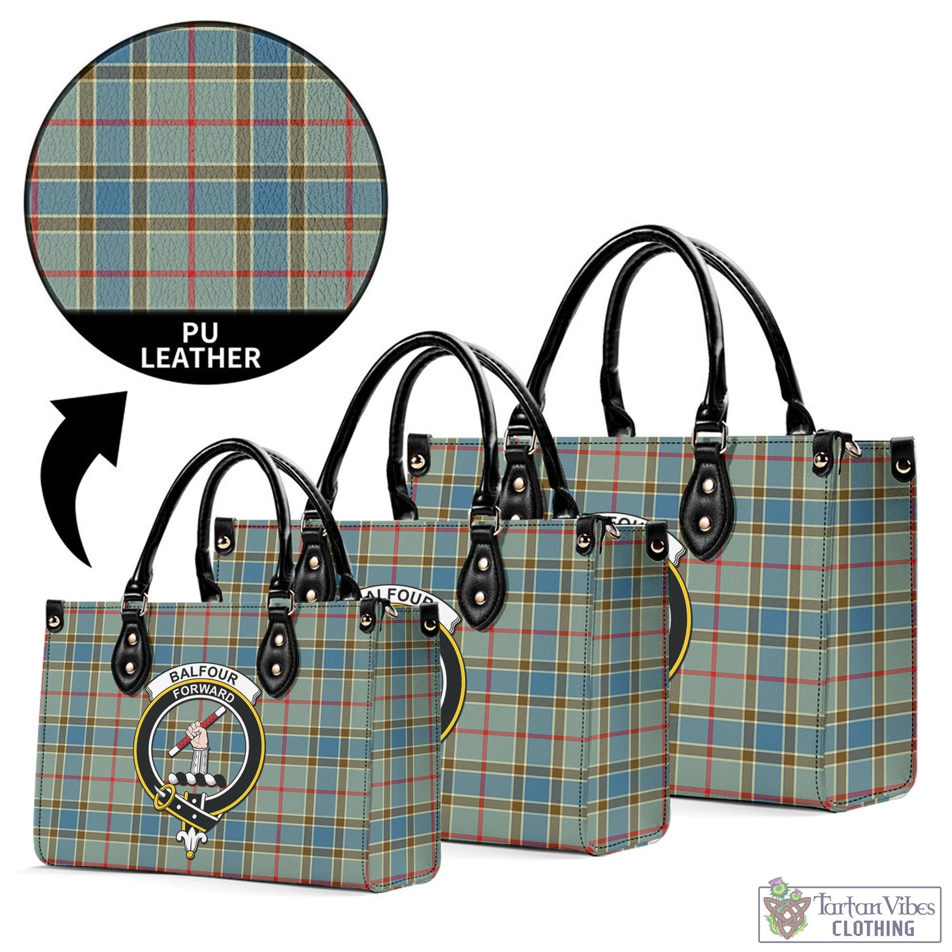 Tartan Vibes Clothing Balfour Blue Tartan Luxury Leather Handbags with Family Crest