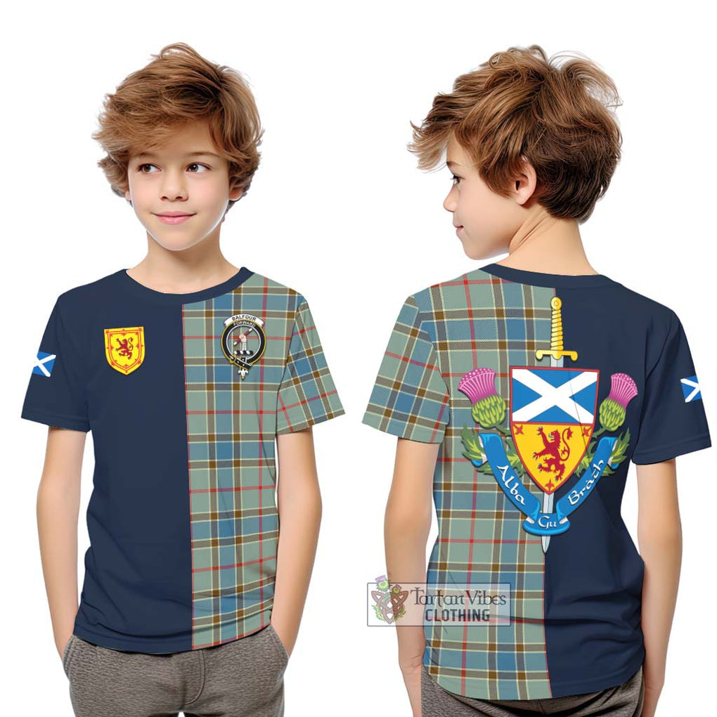 Tartan Vibes Clothing Balfour Blue Tartan Kid T-Shirt with Scottish Lion Royal Arm Half Style