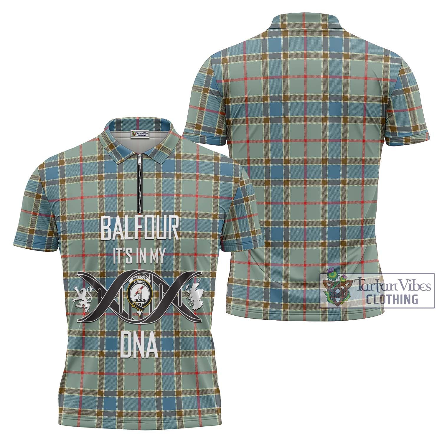 Tartan Vibes Clothing Balfour Blue Tartan Zipper Polo Shirt with Family Crest DNA In Me Style