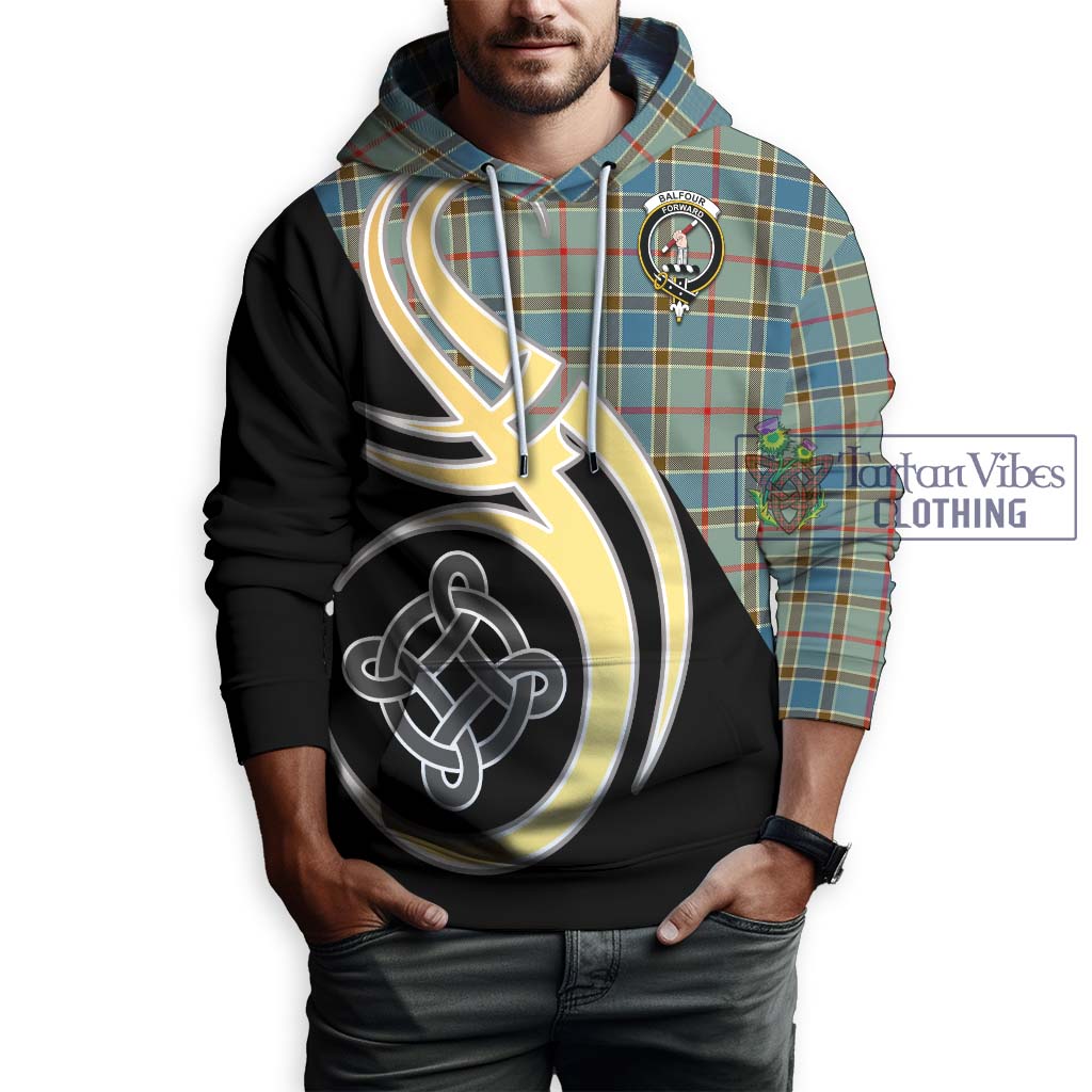 Balfour Blue Tartan Hoodie with Family Crest and Celtic Symbol Style Zip Hoodie - Tartan Vibes Clothing