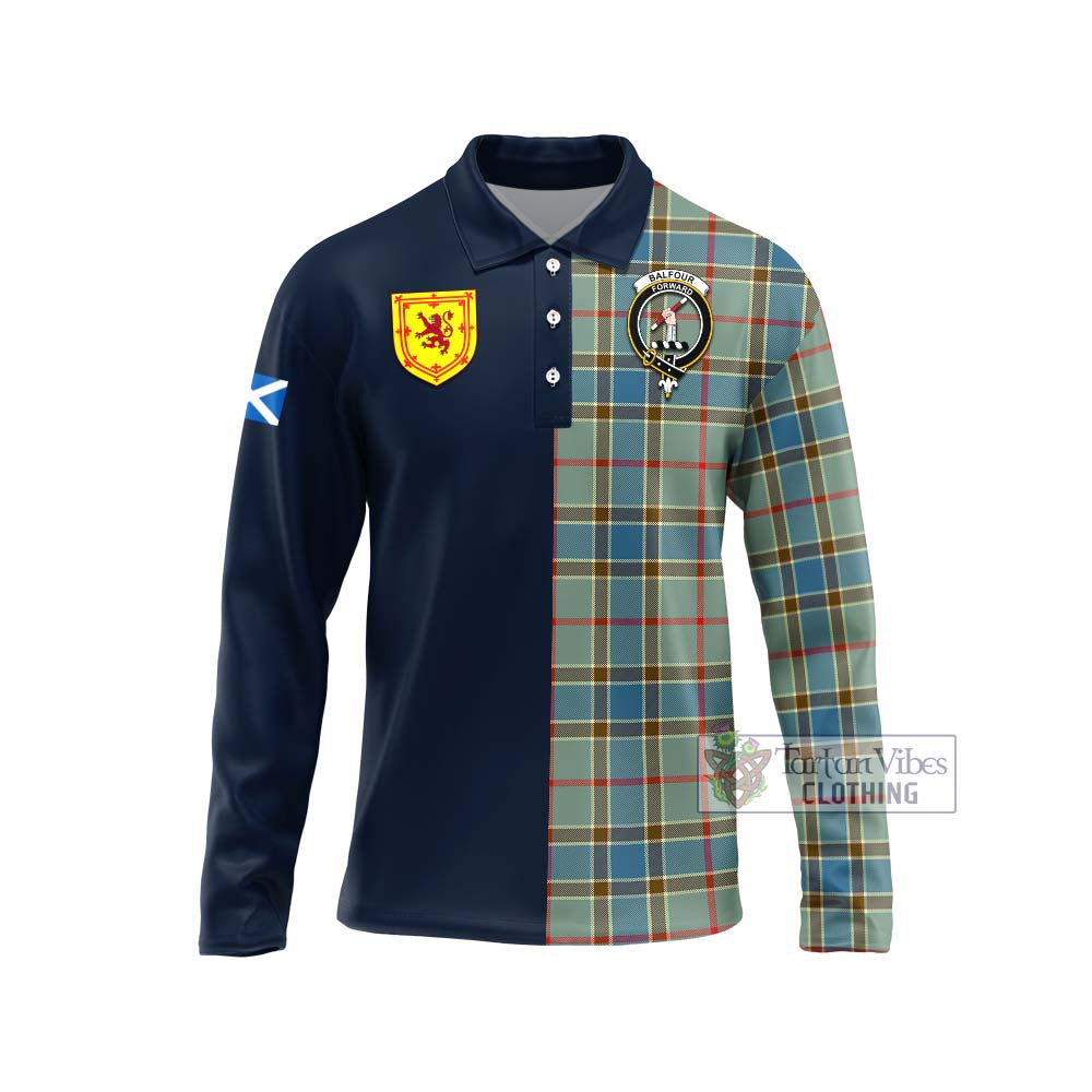 Tartan Vibes Clothing Balfour Blue Tartan Long Sleeve Polo Shirt with Scottish Lion Royal Arm Half Style