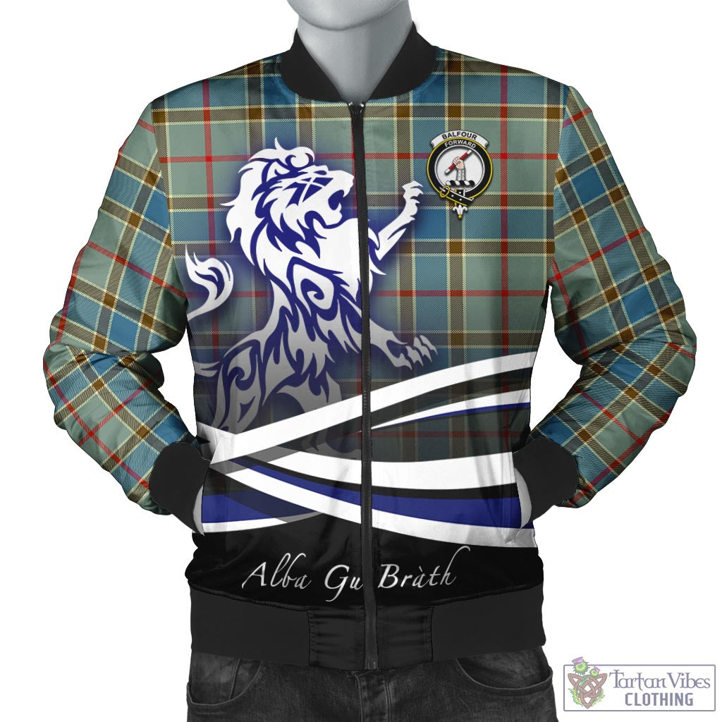 Tartan Vibes Clothing Balfour Blue Tartan Bomber Jacket with Alba Gu Brath Regal Lion Emblem