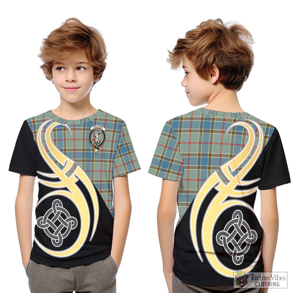 Balfour Blue Tartan Kid T-Shirt with Family Crest and Celtic Symbol Style Youth XL Size14 - Tartan Vibes Clothing