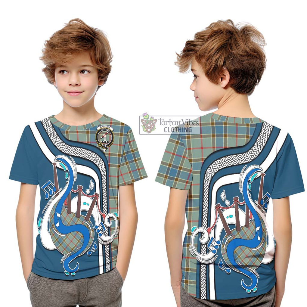 Tartan Vibes Clothing Balfour Blue Tartan Kid T-Shirt with Epic Bagpipe Style