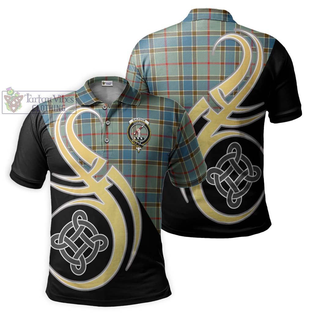 Tartan Vibes Clothing Balfour Blue Tartan Polo Shirt with Family Crest and Celtic Symbol Style