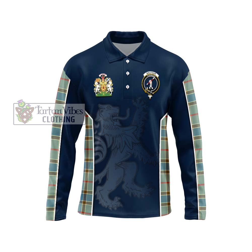 Balfour Blue Tartan Long Sleeve Polo Shirt with Family Crest and Lion Rampant Vibes Sport Style Unisex - Tartan Vibes Clothing