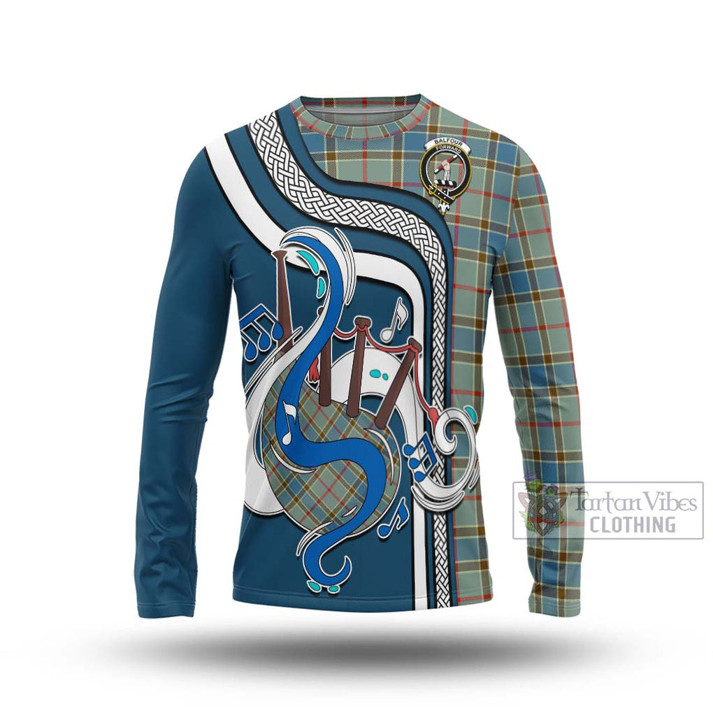 Tartan Vibes Clothing Balfour Blue Tartan Long Sleeve T-Shirt with Epic Bagpipe Style